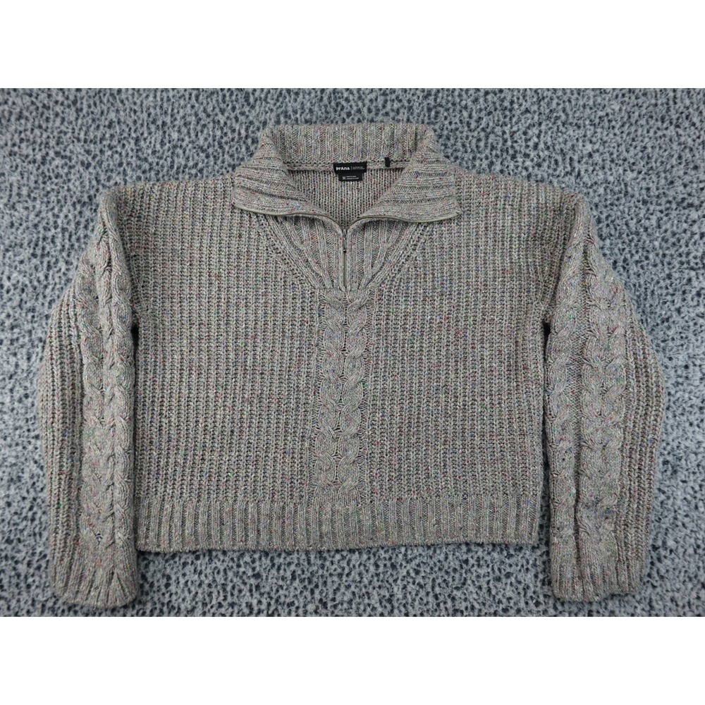 prAna Quarter Zip Sweater Womens Medium Gray Multi Excellent Chunky Cable Knit